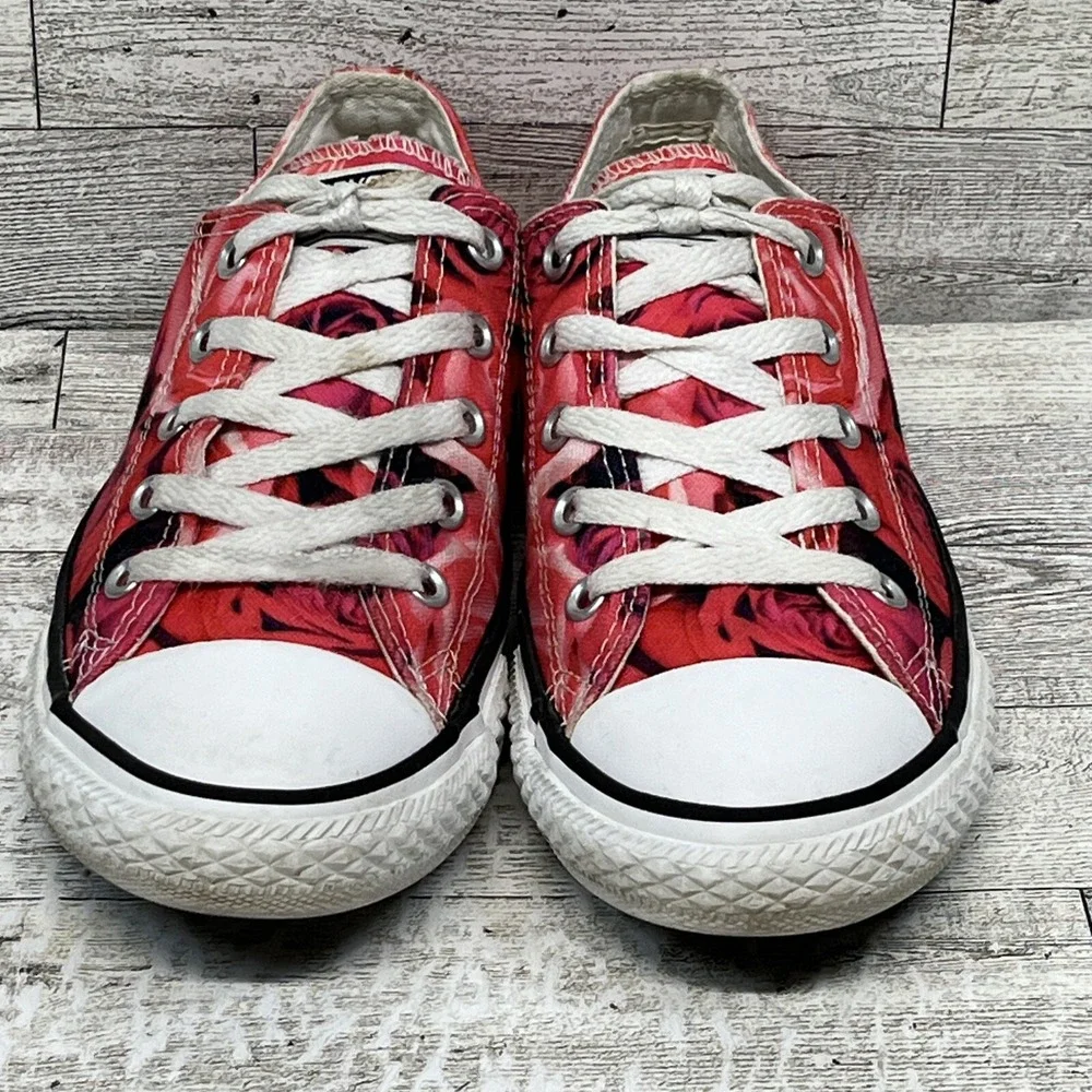Converse All Star Youth Size 2 Roses‎ Pink White & Black Floral Canvas Lace Ups